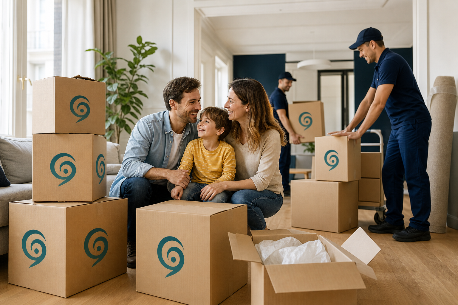 Family moving internationally with boxes