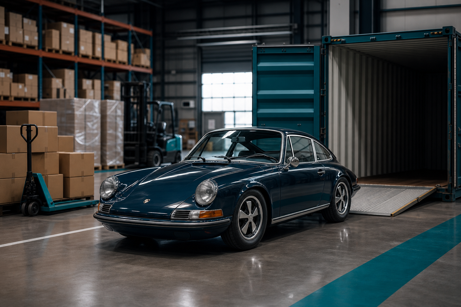 Classic car in a warehouse prepared for international shipping